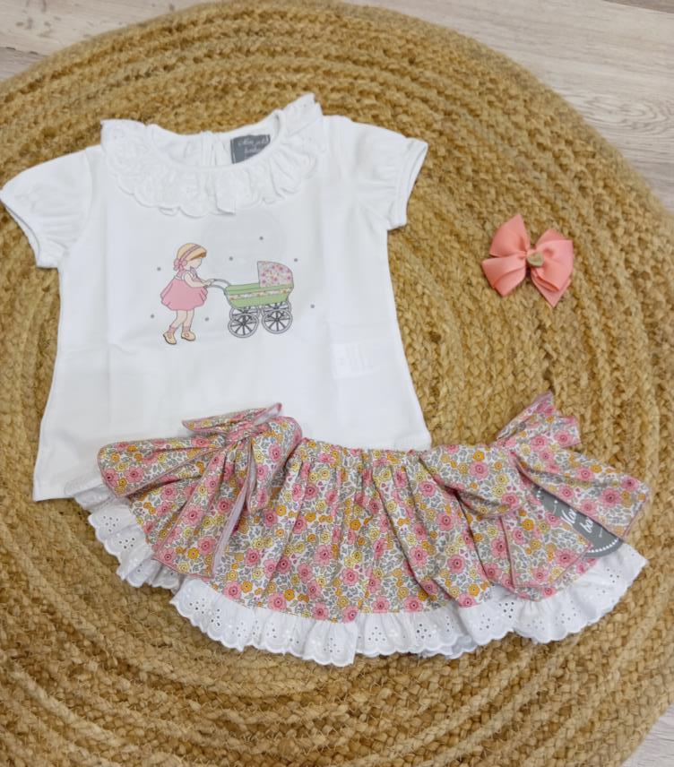 Conjunto camiseta volante niña bebe y braguita liberty rosa de Mon Petit Bonbon primavera verano 24