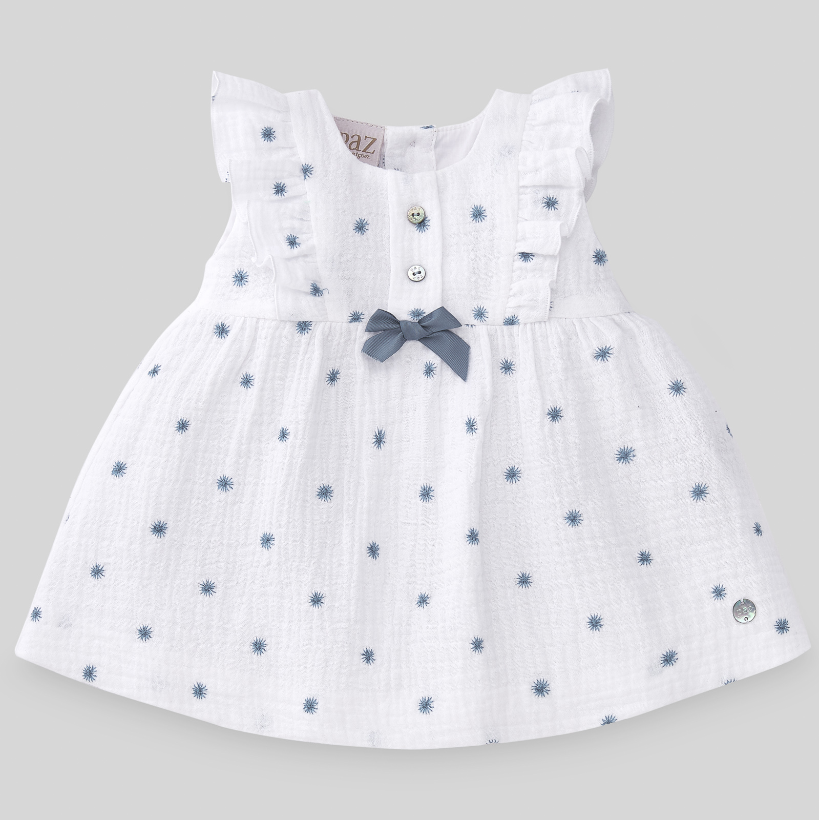 VESTIDO BAMBULA BORDADA "CEO" en Blanco/Azul Océano. 