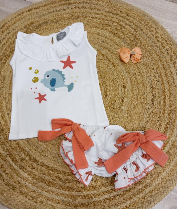 Conjunto camiseta niña bebe pez y braguita estrella mar Mon petit Bonbon primavera verano 24