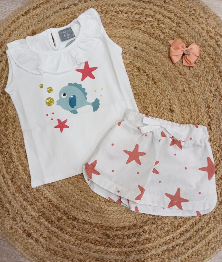 Conjunto niña Camiseta niña bebe pez y short estrellas Mon Petit bonbon primavera verano 24
