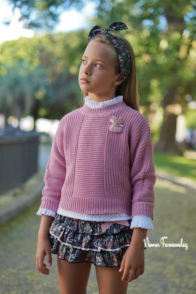Conjunto niña bombacho + blusa + jersey largo flores rosa Noma Fernández