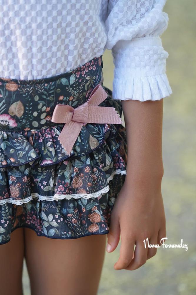 Conjunto niña bombacho + blusa + jersey largo flores rosa Noma Fernández