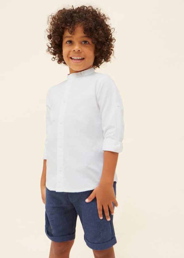 Camisa de manga larga con cuello mao en lino para niño blanca Mayoral