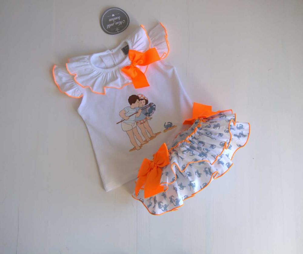 Conjunto camiseta lazo naranja braguita cangrejos Mon Petit Bonbon primavera verano 25