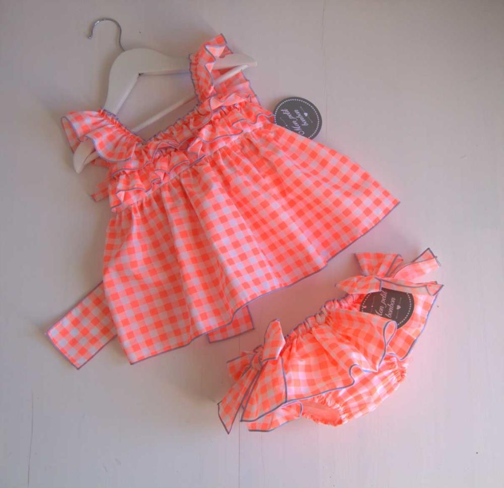 Jesusito tirantes VICHY NARANJA con repulgo celeste Mon Petit primavera verano 25