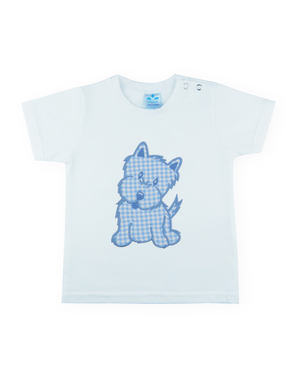 Camiseta para niño en blanco con un perrito de vichy azul de Sardon